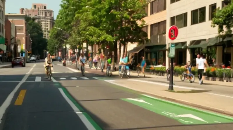 Una escena urbana animada con ciclistas de diversas edades en una amplia ciclovía