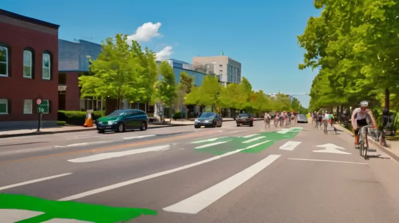 Una animada calle urbana con una amplia ciclovía verde, ciclistas en movimiento, árboles y edificios, bajo un cielo azul