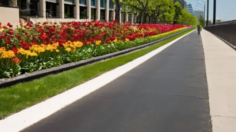 Un animado carril bici asfaltado, rodeado de césped y árboles, con ciclistas y peatones disfrutando de un día soleado en un entorno urbano vibrante