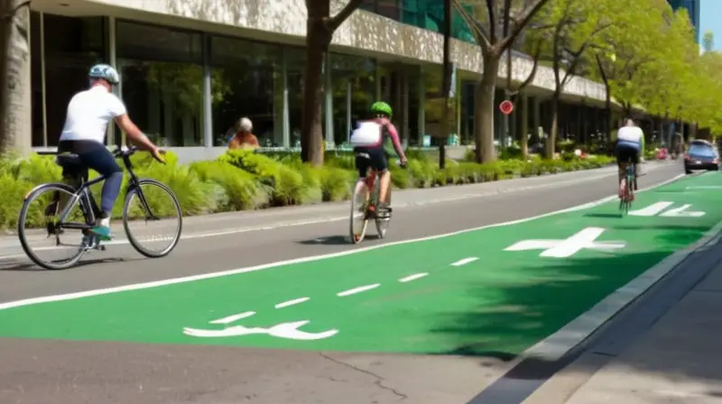 Una animada escena urbana con ciclistas en una colorida ciclovía, árboles proyectando sombras, peatones en amplias aceras y un fondo de edificios modernos bajo un cielo azul
