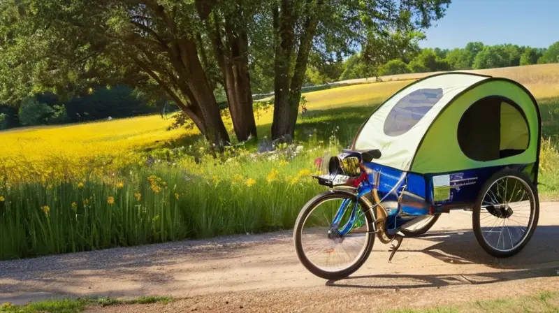 Una escena al aire libre con un bicicleta y un remolque colorido, rodeada de naturaleza y una familia disfrutando de un picnic