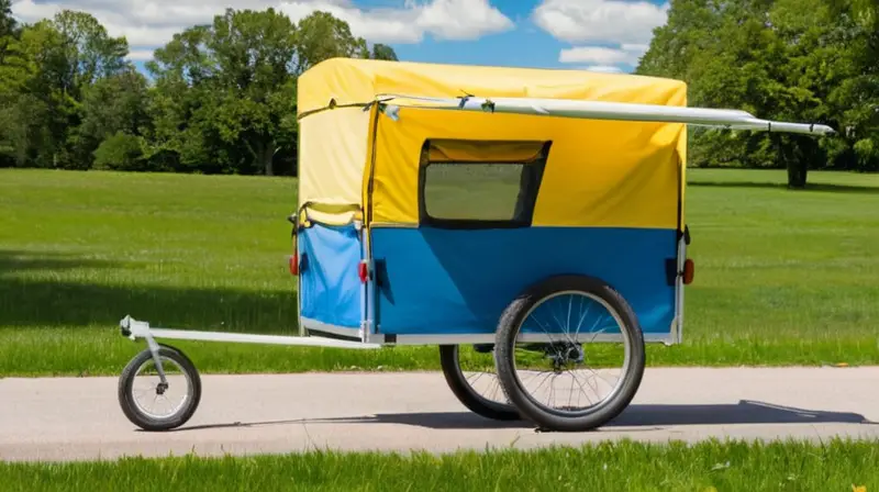 Un remolque de bicicleta amarillo, robusto y con características de seguridad, se encuentra en un camino de grava bajo un cielo azul