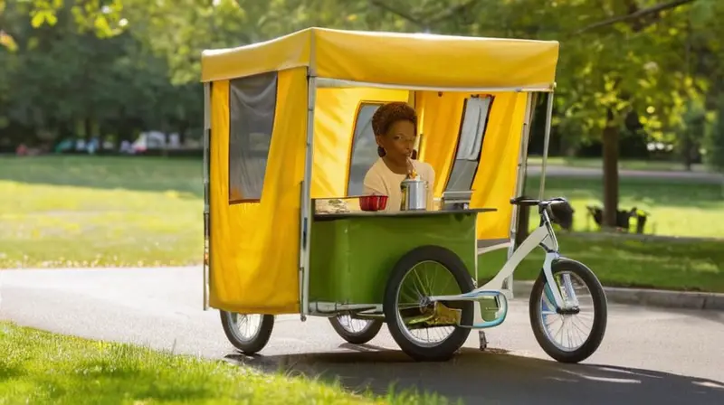 Una escena vibrante al aire libre con un niño curioso en un remolque de bicicleta bajo la luz del sol