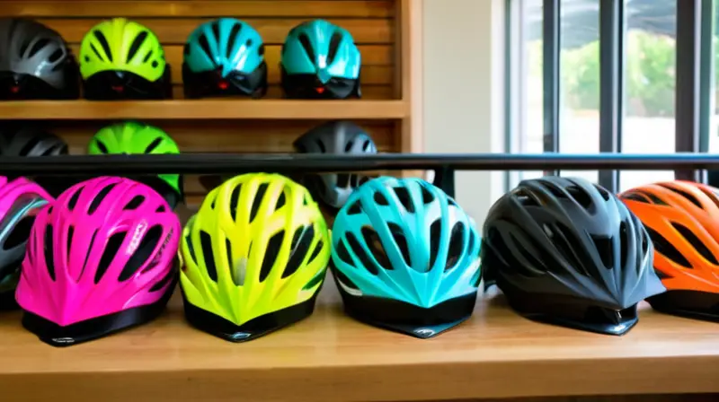 Una fila de cascos de ciclismo en una mesa de madera