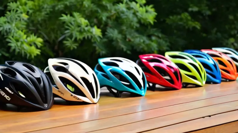 Una fila de cascos de ciclismo variados y coloridos sobre una mesa de madera, reflejando luz natural y sugiriendo un entorno ciclista
