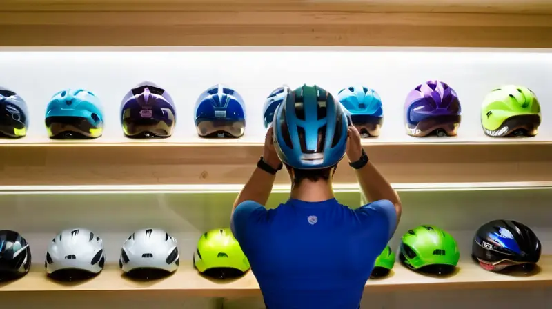 Una tienda de ciclismo bien iluminada muestra coloridos cascos en estantes de madera, con un ciclista examinando uno mientras la luz natural entra por las ventanas