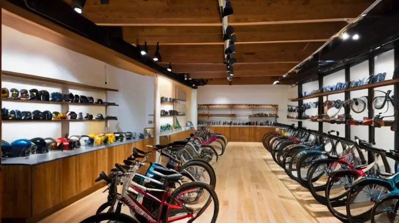 Un showroom de bicicletas vibrante exhibe modelos modernos y vintage en un ambiente iluminado
