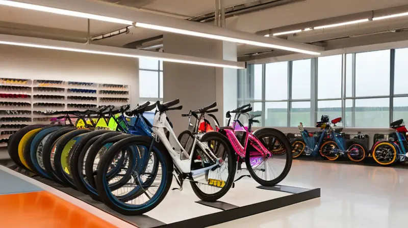 Un showroom bien iluminado exhibe bicicletas elegantes de diversos tamaños y colores, con detalles pulidos y un ambiente acogedor