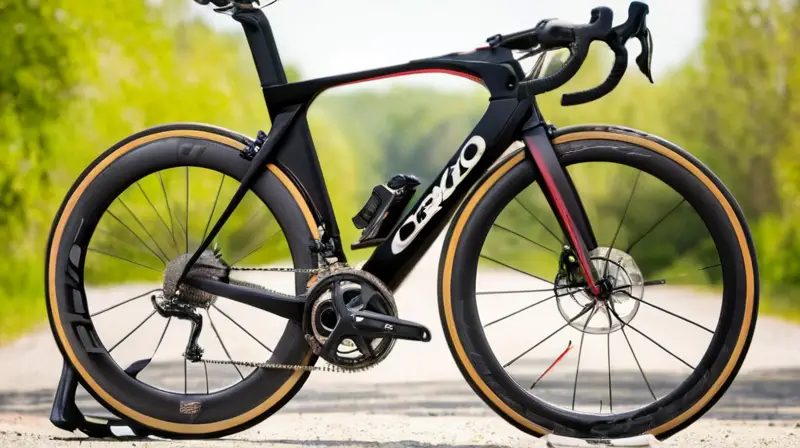 Una bicicleta Cervelo S5 elegante y aerodinámica, con un acabado en carbono mate y colores negro y rojo vibrante, destaca por su calidad y diseño meticuloso