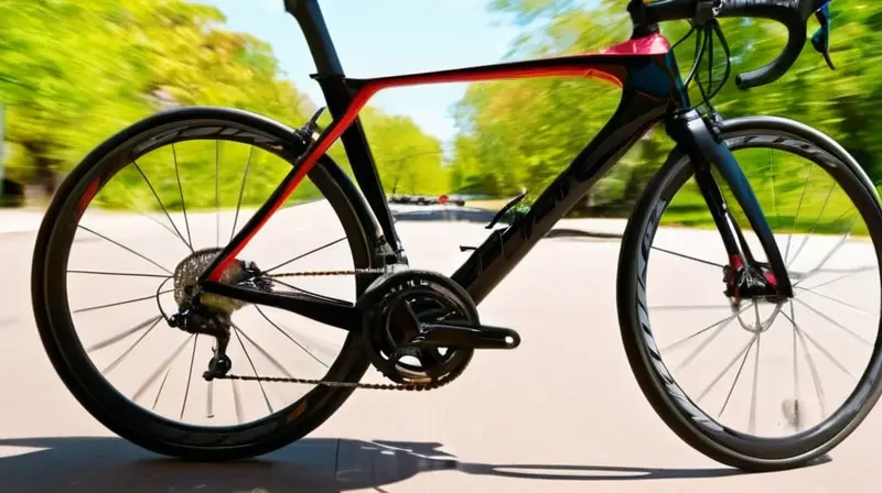 Bicicleta Cervélo S5 de carbono brillante en rojo y negro, con diseño aerodinámico y detalles realistas en un entorno urbano soleado