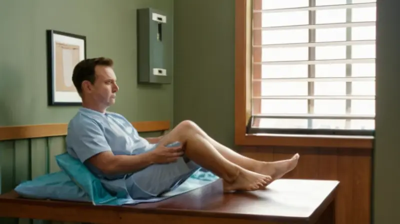 Una clínica iluminada y acogedora con un paciente relajado y un fisioterapeuta que le enseña ejercicios en un ambiente profesional y tranquilo