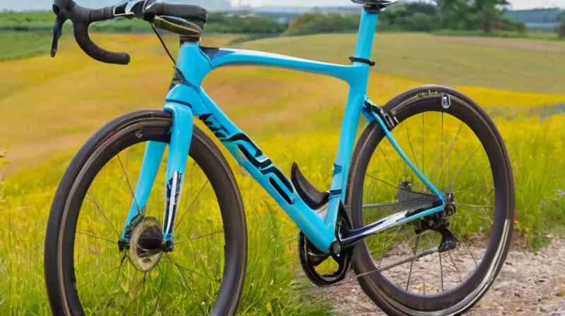 Bicicleta de diseño aerodinámico y elegante, con acabado en fibra de carbono, componentes de precisión y un entorno natural que resalta su velocidad y rendimiento