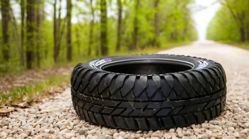 Un neumático de grava resistente con diseño robusto y detalles que sugieren durabilidad y aventura en un entorno natural