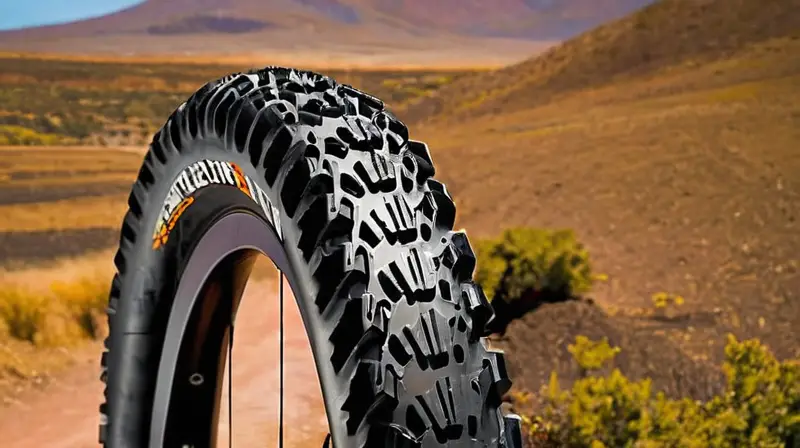 Una llanta de bicicleta de montaña robusta, con un diseño agresivo y detalles que sugieren aventura al aire libre
