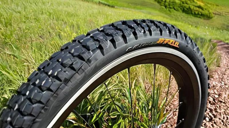 Un neumático de montaña Continental Kryptotal 27.5, con un diseño robusto y desgastado, resalta en un entorno natural variado, evocando aventura y dinamismo