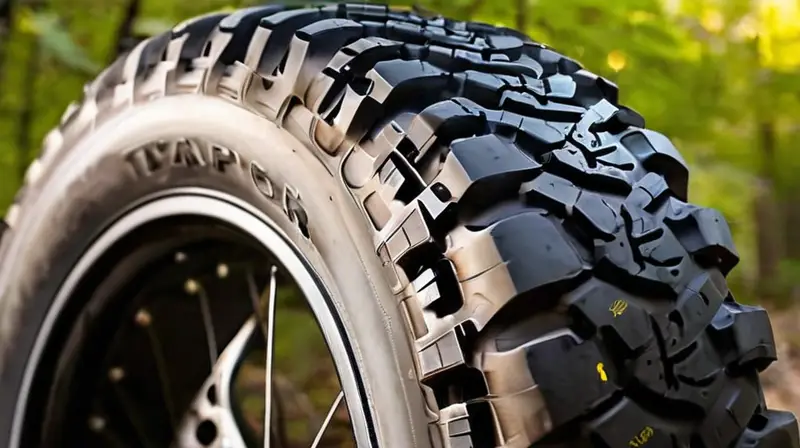 Una llanta de bicicleta de montaña robusta con diseño agresivo y detalles realistas, situada en un terreno rocoso bajo luz natural