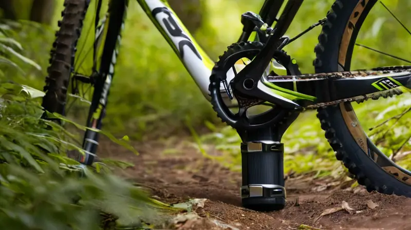 Unas elegantes y duraderas pedales Crankbrothers Stamp brillan bajo el sol en una bicicleta de montaña, rodeadas de un sendero de tierra y vegetación vibrante