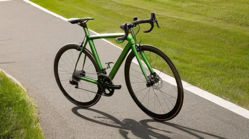 Dos bicicletas, una de aluminio y otra de carbono, están en una carretera asfaltada rodeada de hierba, iluminadas por el sol y mostrando detalles de diseño y uso reciente