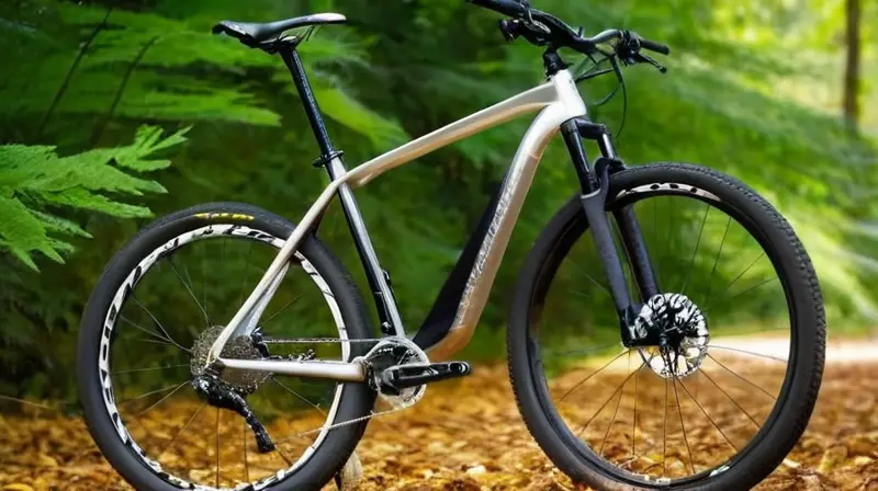 Dos bicicletas de montaña, una de aluminio brillante y otra de carbono mate, se destacan en un fondo verde con detalles de diseño y luz natural