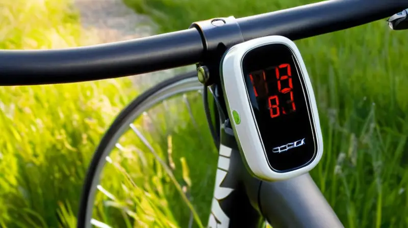 Un odómetro inalámbrico negro brillante, con pantalla digital iluminada, botones de goma texturizada y montado en un manillar negro mate, destaca en un entorno natural lleno de detalles de la bicicleta