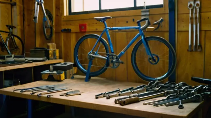 Un taller iluminado con herramientas organizadas, una bicicleta en reparación y un mecánico concentrado en los frenos