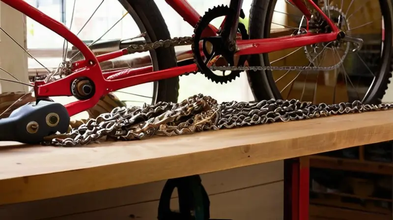 Un taller bien iluminado con herramientas de bicicleta organizadas, un banco de trabajo robusto y detalles de mantenimiento en un ambiente dinámico