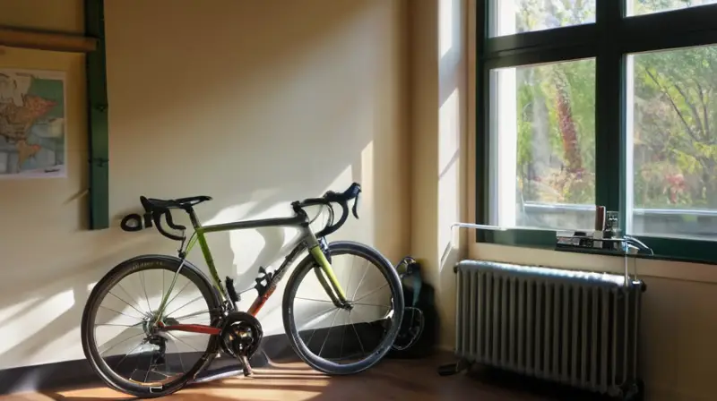 Un taller de bicicletas bien organizado, iluminado por la luz del sol, con herramientas ordenadas, equipamiento colorido y un ambiente acogedor de preparación para la aventura