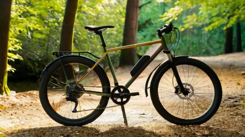 Una escena al aire libre iluminada por el sol muestra dos bicicletas, una de gravel y una eléctrica, sobre un camino de grava rodeado de naturaleza