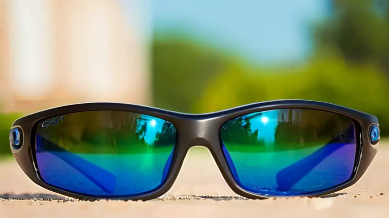 Diseño aerodinámico y elegante en negro brillante con acentos azules, lentes contorneados y cómodos, que destacan en un entorno al aire libre