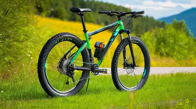 Una bicicleta de montaña robusta con un marco de aluminio negro mate y detalles verdes, equipada con neumáticos gruesos y una suspensión resistente, lista para la aventura en un sendero natural