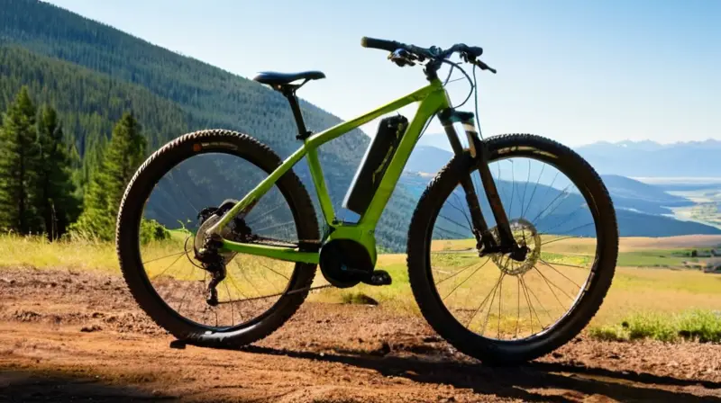 Una bicicleta de montaña eléctrica brilla en un paisaje montañoso con vegetación verde y un sendero de tierra