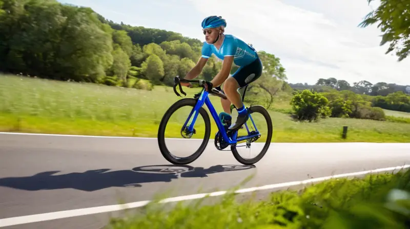 Bicicleta eléctrica elegante con marco metálico brillante, diseño aerodinámico y ciclista en movimiento bajo un cielo azul