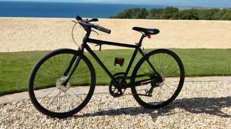 Un robusto y elegante soporte para bicicletas de metal negro, con un diseño compacto y un mecanismo de plegado intrincado, sostiene una bicicleta de manera segura en un entorno natural