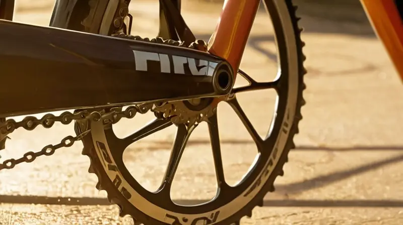 Un primer plano de una cadena de bicicleta lubricada, con detalles metálicos brillantes y un fondo desenfocado de un taller
