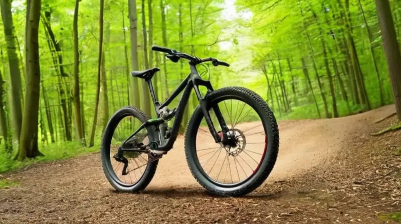 Una bicicleta de montaña negra mate con detalles rojos, construcción robusta y diseño ergonómico, destaca en un sendero forestal