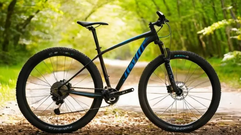 Bicicleta de montaña elegante y robusta, con acabado negro mate, detalles en rojo y diseñada para la aventura en senderos naturales