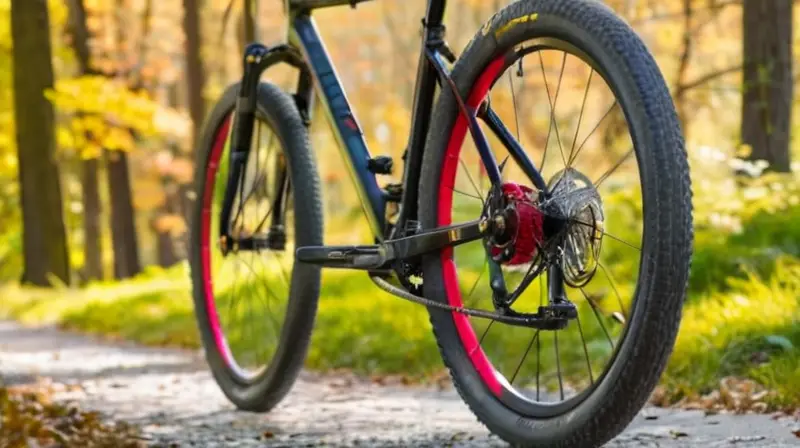 Bicicleta de diseño aerodinámico en negro mate con detalles rojos, componentes de aluminio y fibra de carbono, y neumáticos de alta tracción, lista para la aventura