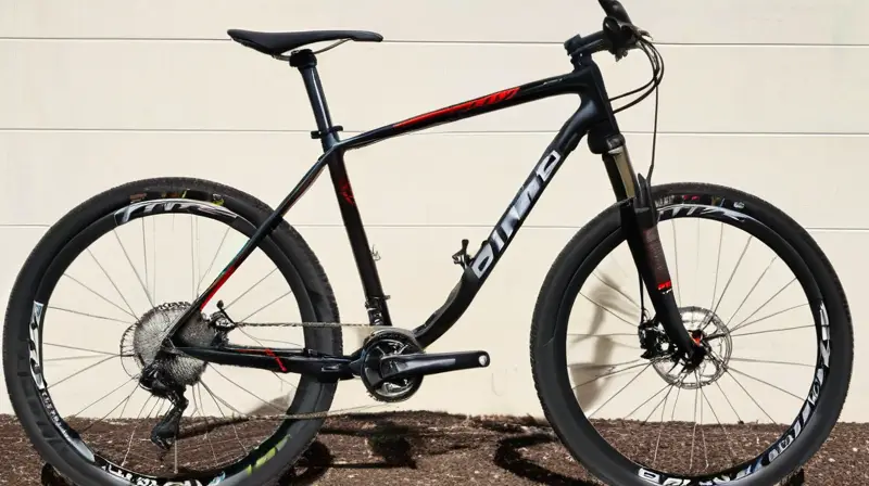 Bicicleta de montaña con cuadro de carbono negro mate, detalles rojos, componentes de suspensión precisos y neumáticos con buen agarre
