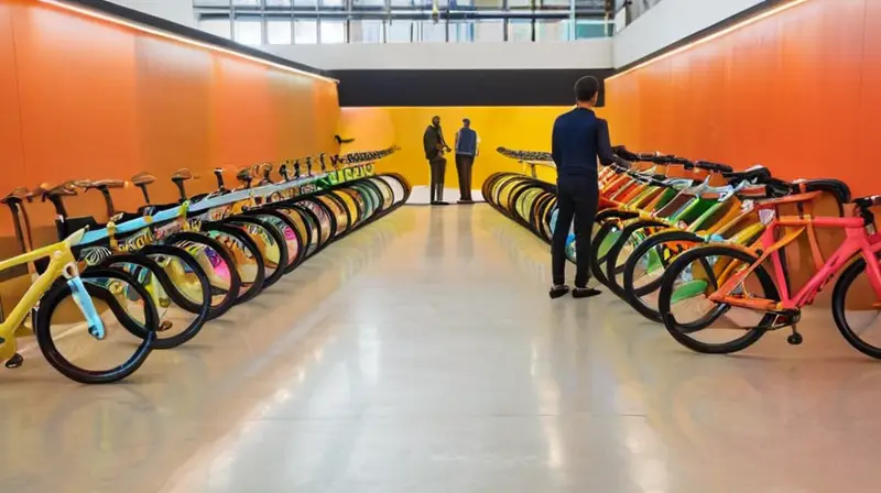 Una animada exposición de bicicletas con luces brillantes, coloridos modelos en pedestales, visitantes entusiastas y un ambiente de innovación