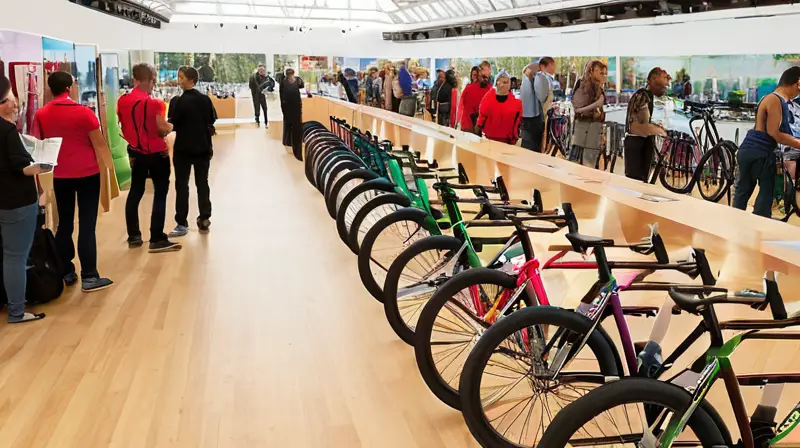 Una exposición vibrante con una multitud diversa, bicicletas en exhibición y un ambiente lleno de emoción e innovación