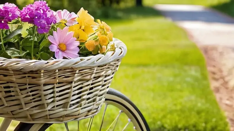 Una bicicleta vintage brilla con un marco cromado y un cesto de flores vibrantes