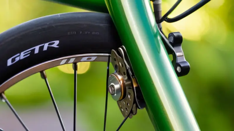 Un primer plano de un sistema de freno de disco de bicicleta con detalles metálicos y desgaste visible