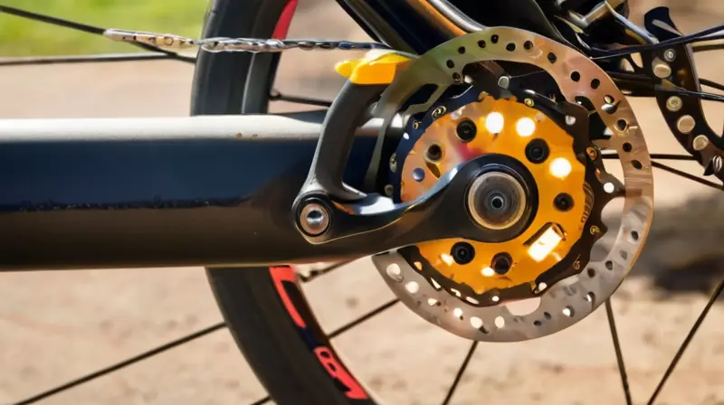 Un primer plano de un freno de disco de bicicleta con detalles metálicos y desgaste visible