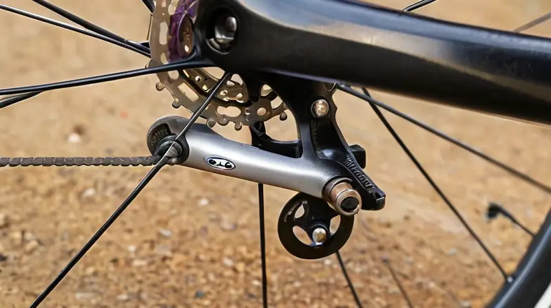 Un primer plano de un sistema de freno de disco de bicicleta muestra componentes metálicos brillantes y desgastados, con detalles de mantenimiento reciente y un fondo desenfocado