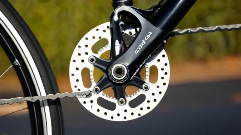 Un primer plano de un disco de freno de bicicleta muestra su superficie metálica brillante, patrones de ventilación, marcas de desgaste, un caliper preciso, almohadillas de freno oscuras, reflejos sutiles y un fondo desenfocado de un marco negro mate