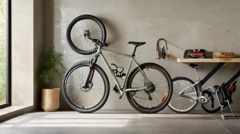 Un garaje bien iluminado con una bicicleta de montaña colgada en un rack de acero