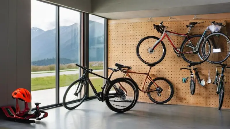 Un garaje bien iluminado con una bicicleta de montaña brillante en una pared, accesorios de ciclismo en una estantería y herramientas organizadas, todo en un ambiente funcional y estilizado
