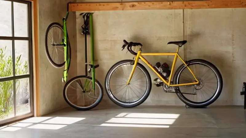 Un garaje bien iluminado con un suelo de hormigón, vigas de madera, una bicicleta de montaña roja colgada en un soporte, herramientas organizadas en la pared y un banco de trabajo desordenado, todo en un ambiente equilibrado y acogedor