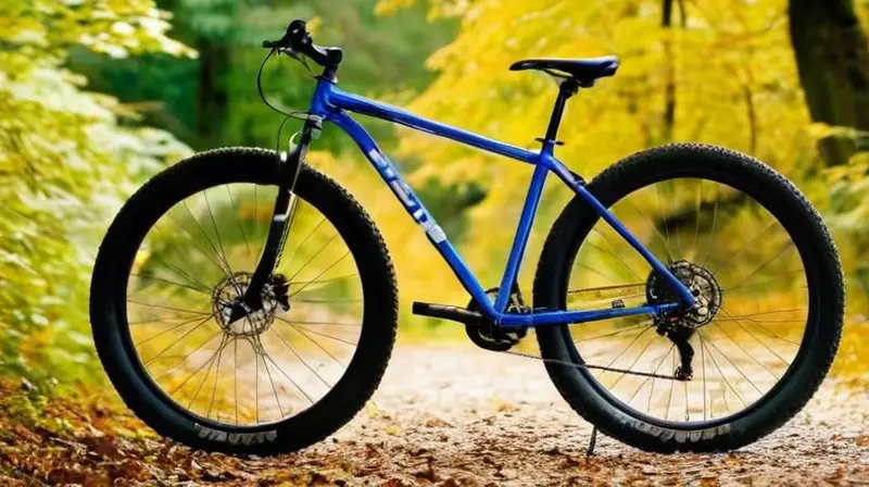 Una bicicleta de montaña robusta con marco de aluminio azul y negro