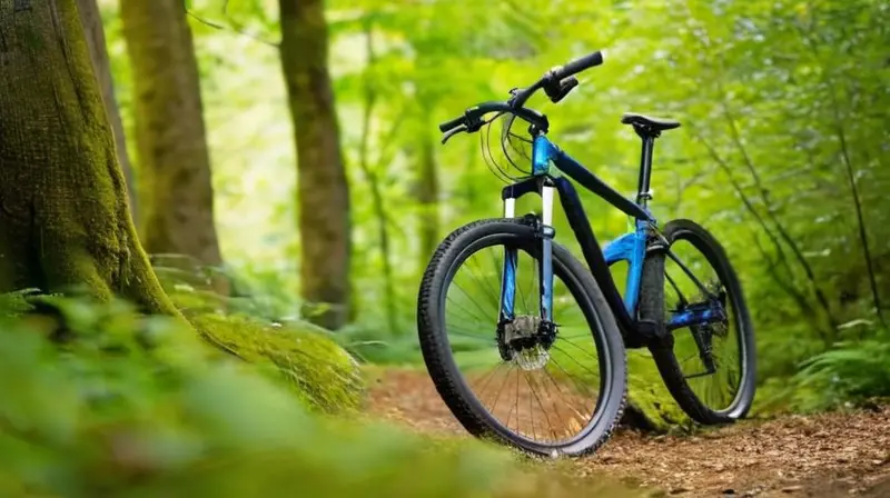 Una bicicleta de montaña robusta y elegante en negro mate con detalles azules, situada en un sendero de grava en un bosque verde, invita a la aventura